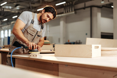 Young carpenter sanding wood piece in workshop in furniture factoryの写真素材