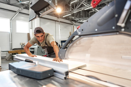 Young carpenter cutting a piece of wood in using a circular saw in furniture factory