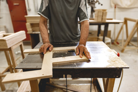 Unrecognizable man carpenter making wooden furniture in workshopの写真素材
