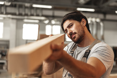Young carpenter man looking and choosing wood plank at workshop in carpenter wood factoryの写真素材
