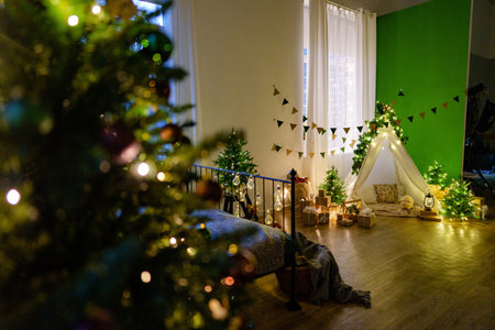 Christmas interior of a childrens room with teepeeの写真素材