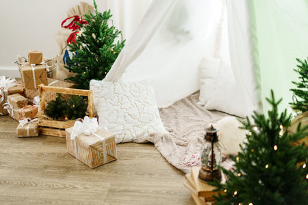 Christmas interior of a childrens room with teepeeの写真素材