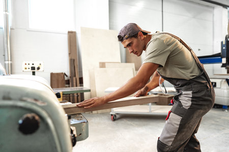 Male carpenter using some woodworking tools for his work in a factory