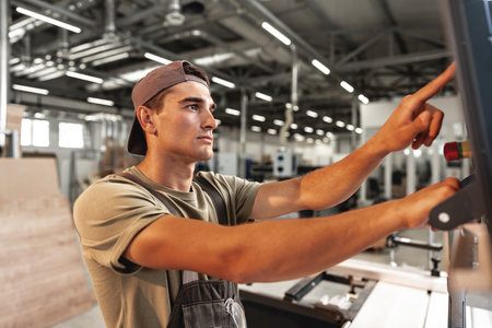Young carpenter operating machine for wood processing at a furniture factory