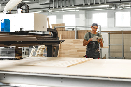 Young carpenter operating machine for wood processing at a furniture factoryの写真素材