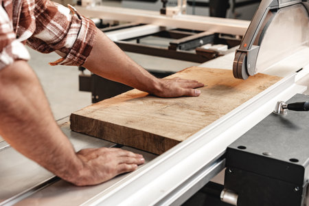 Close-up of carpenters hands working with wood piece in a workshopの写真素材