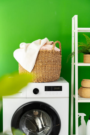 Laundry basket on washing machine in a laundry roomの写真素材