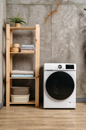 Washing machine in a gray modern laundry roomの写真素材