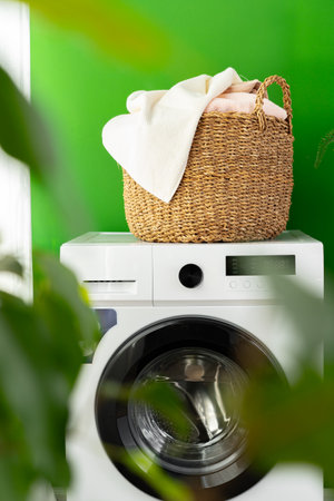 Laundry basket on washing machine in a laundry roomの写真素材