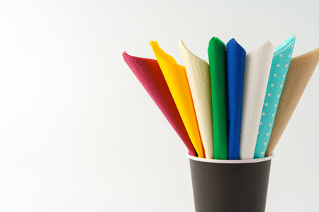 Folded paper napkins in paper cup on white backgroundの写真素材