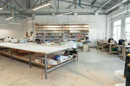 Interior of a sewing warehouse of furniture factory with equipment and materialsの写真素材