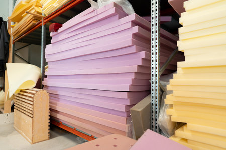 Stacked sheets of foam rubber for furniture production in factory workshopの写真素材