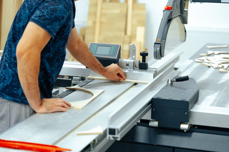 Close up of male carpenter working with piece of wood in a workshop