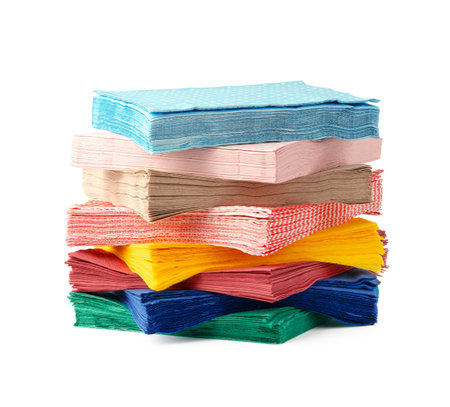 Stack of paper napkins on white backgroundの写真素材