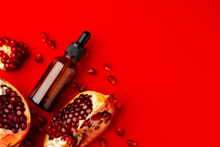 Cosmetic serum dropper bottle with pomegranate flavor on red backgroundの写真素材