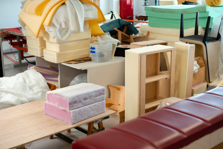 Foam for furniture upholstery in a workshopの写真素材