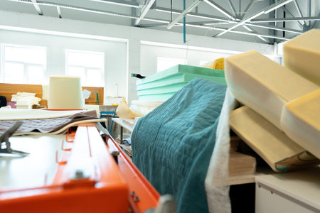 Stacked materials for furniture upholstery in furniture factoryの写真素材