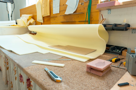 Stacked materials for furniture upholstery in furniture factoryの写真素材