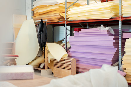 Stacked sheets of foam rubber for furniture production in factory workshopの写真素材