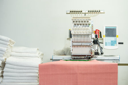 Close up of embroidery machine making patterns on textilesの写真素材