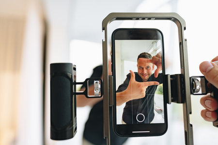 Mans hands using laptop on wooden deskの写真素材