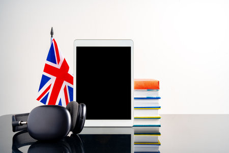 English language learning concept with books and flag of Great Britainの写真素材