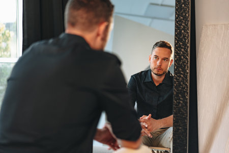 Young man looking at himself in the mirrorの写真素材