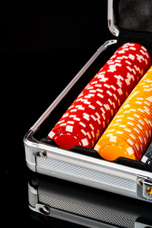 Poker game case on black background close upの写真素材