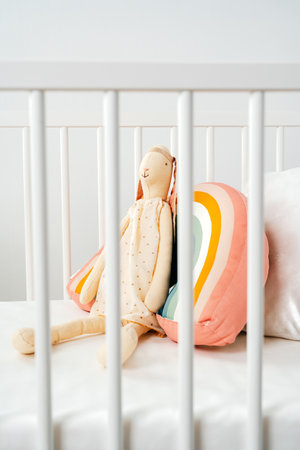 Wooden white baby crib and toy rabbit close upの写真素材