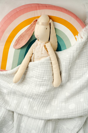 Toy rabbit and baby blanket in a baby bedの写真素材
