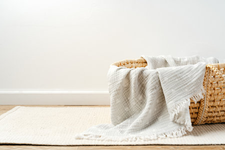 Baby cradle with muslin blanket and wooden toys in a baby roomの写真素材