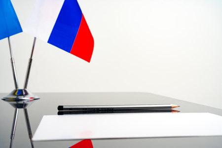 Flag of Russia with pen and blank document on tableの写真素材
