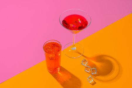 Cold and refreshing cocktails on color backgroundの写真素材