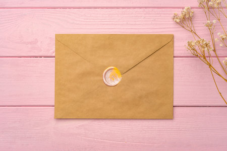 Envelope with letter on pink wooden background top viewの写真素材