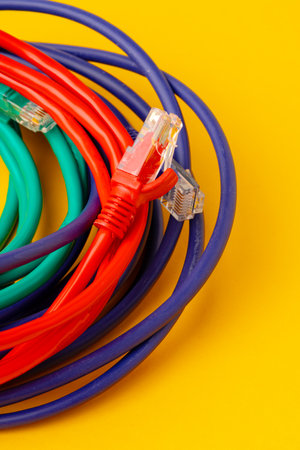 Network cable on yellow background studio shot