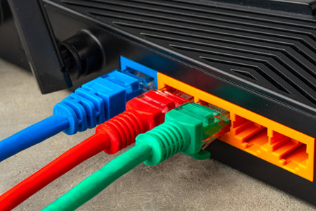 Modern router with cables plugged in close up
