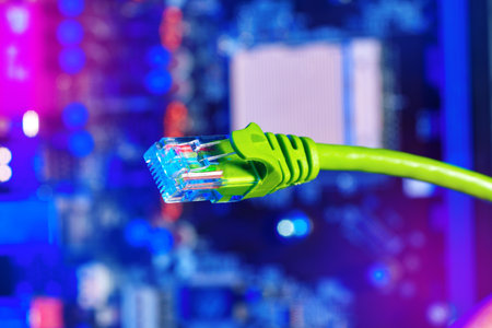 Modern technology network cable in neon light.の写真素材