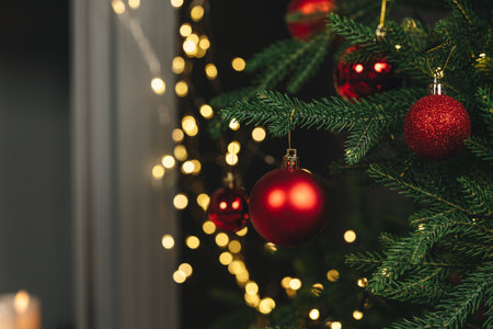 Close up of res shiny balls hanging on Christmas treeの写真素材