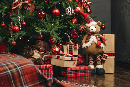 Close up of res shiny balls hanging on Christmas treeの写真素材