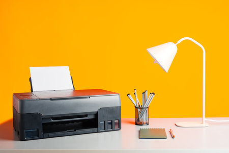 Laser printer on desk against yellow background.