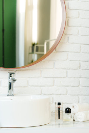 Perfume bottle in a modern bathroom close upの写真素材