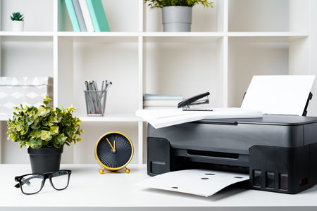 Workplace with modern printer and clock in the officeの写真素材
