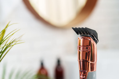 Electric shaver for men in a bathroom close upの写真素材