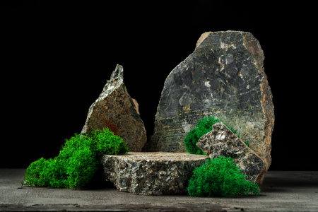 Granite stones with moss studio shot close upの写真素材