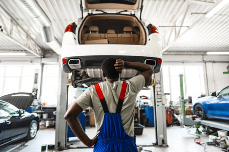 Pensive young African mechanic in car service looking at car thinking of how to repair itの写真素材