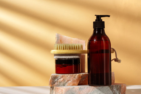 Cosmetic package dispenser with granite stone studio shotの写真素材