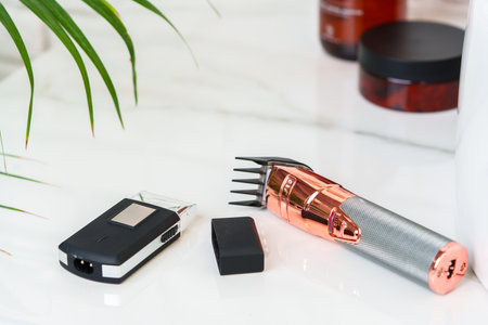 Electric shaver for men in a bathroom close upの写真素材