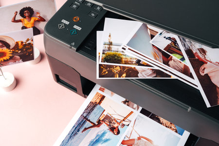 Modern laser printer printing color photos of women close up