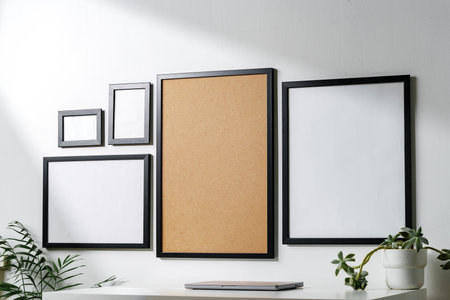 Set of black frames on white wall with copy space