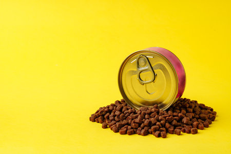 Cat food on yellow background studio shotの写真素材